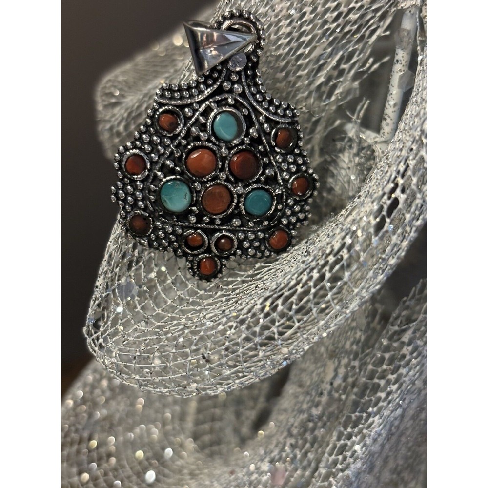 Coral and Turquoise 925 Sterling Silver 1.75 Inch Drop  Pendant with Gift Bag